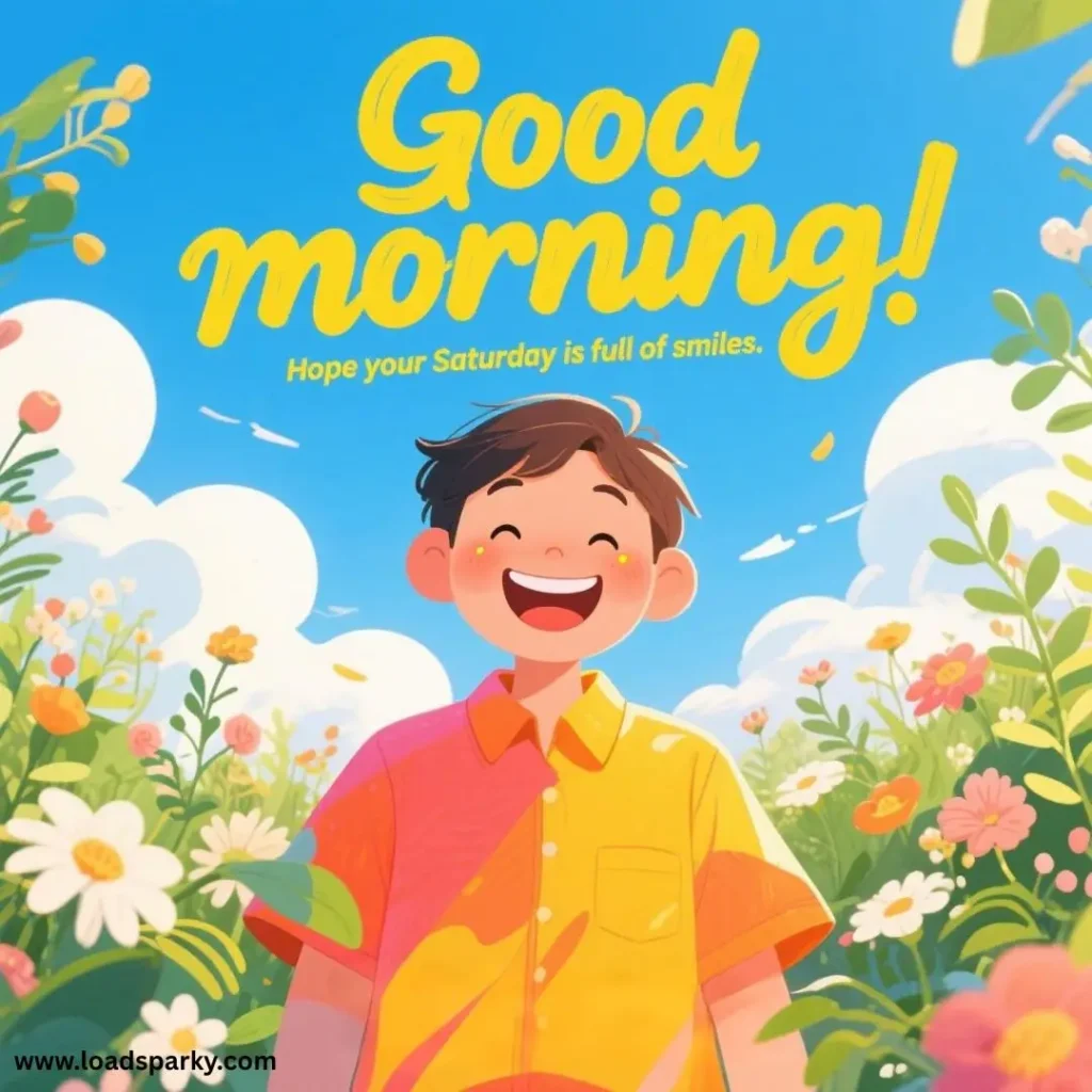 A person in a colorful shirt stands in a vibrant field of flowers under a bright blue sky, with cheerful Good morning! text above.