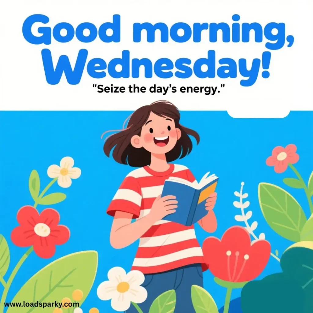 A person in a striped shirt stands reading a book amidst colorful flowers on a bright blue background, with a cheerful greeting above.