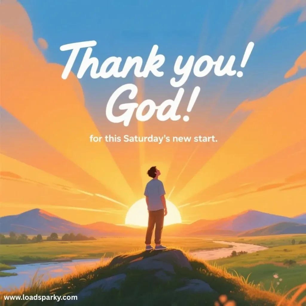 A person stands on a hilltop, gazing at a vibrant sunrise with the text Thank you! God! for this Saturday's new start.