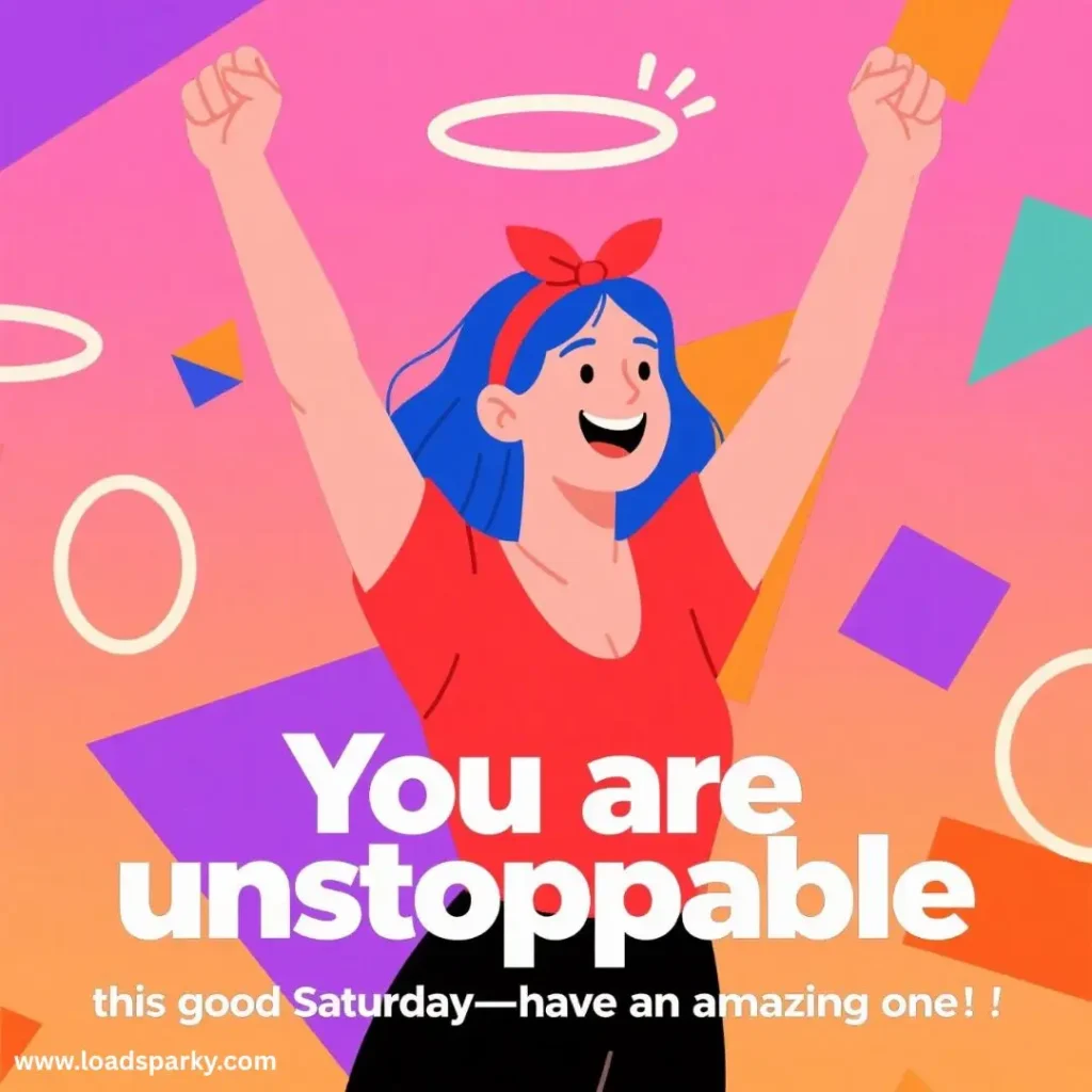 A person with blue hair and a red shirt raises their arms in celebration against a colorful background, conveying a message of empowerment.