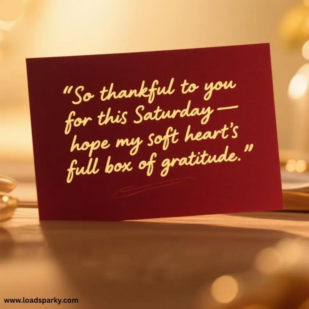 A red card with a heartfelt message expressing gratitude for Saturday, surrounded by soft lighting and elegant decor.