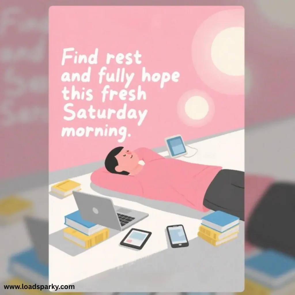 A relaxed person lies on a desk surrounded by books and devices, with the text encouraging rest and hope on a Saturday morning.
