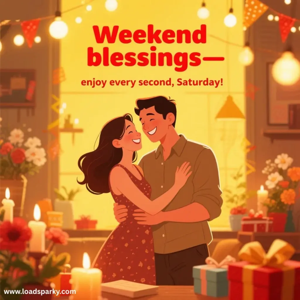 A romantic scene with a couple dancing surrounded by candles and festive decorations, celebrating the joy of Saturday.