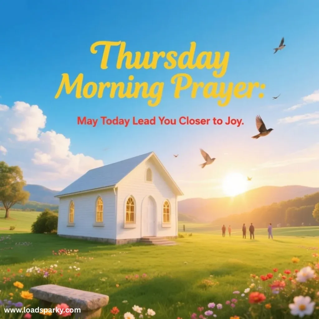 A serene countryside scene featuring a white chapel at sunrise, surrounded by flowers and people, with uplifting text above.