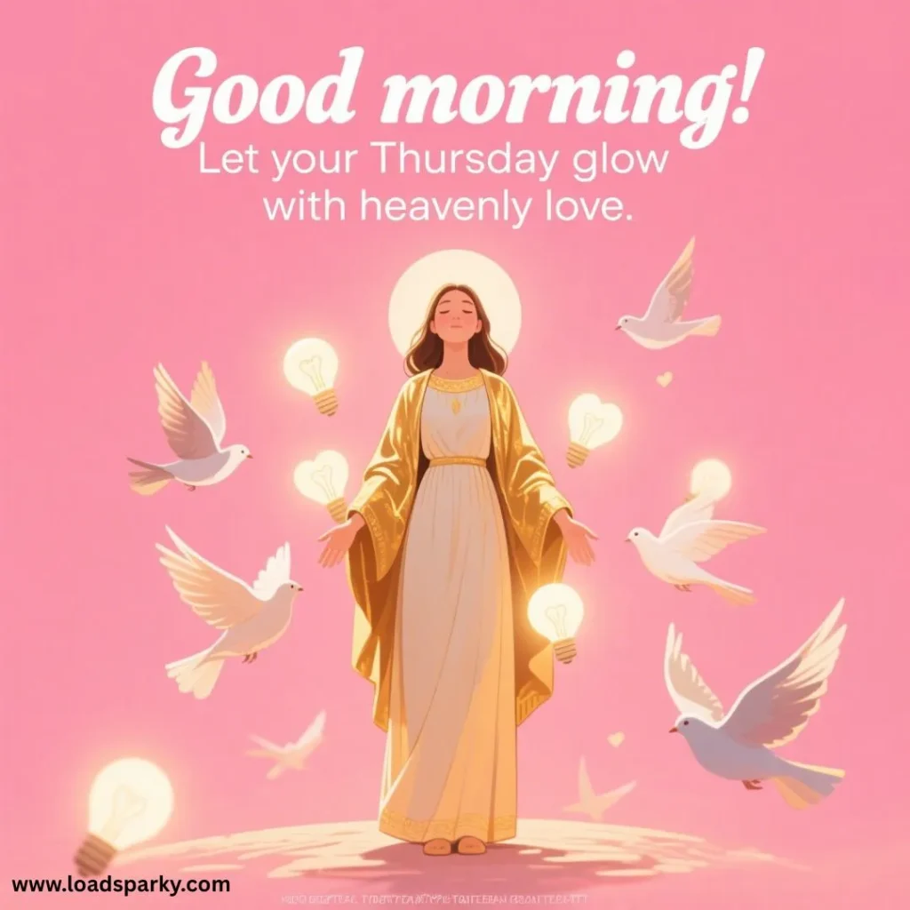 A serene figure in a flowing robe surrounded by doves and glowing light bulbs, on a soft pink background. Inspiring morning message above.