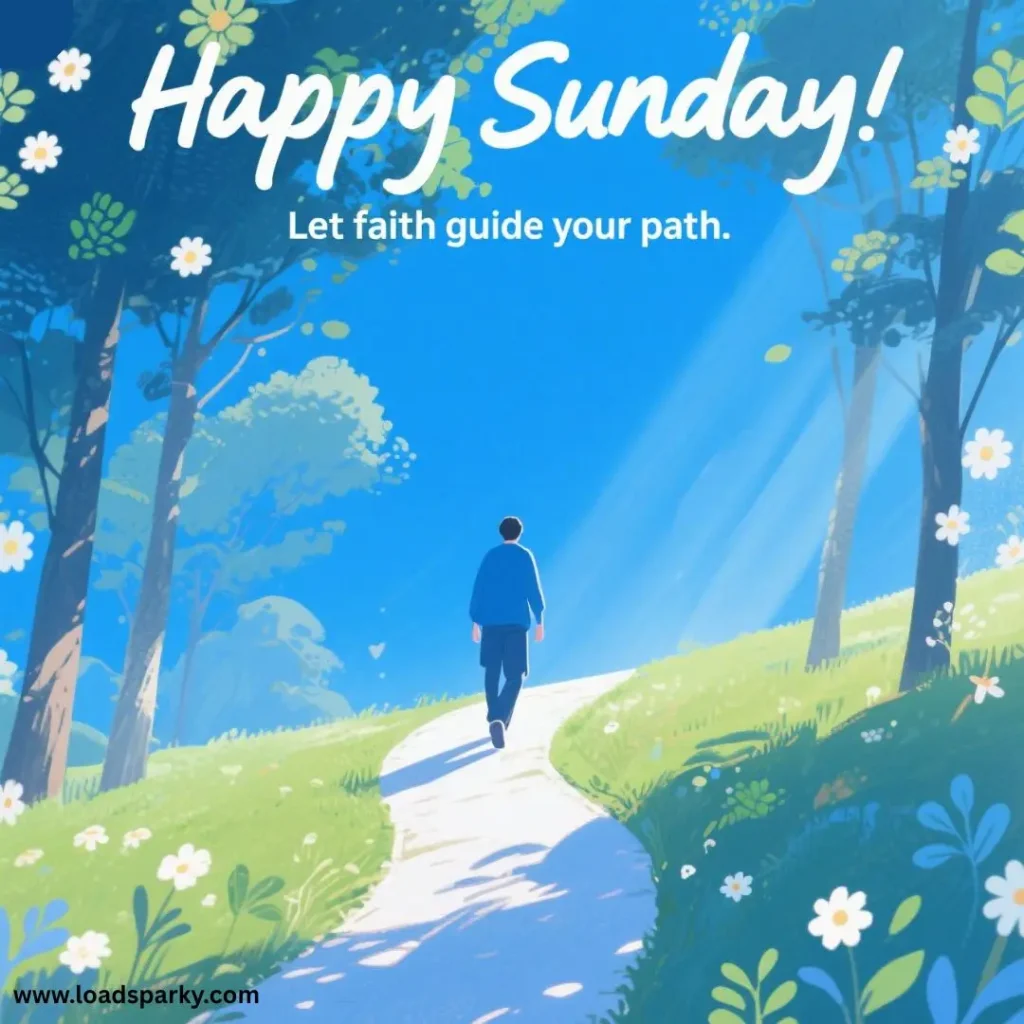 A serene landscape featuring a person walking along a sunlit path, surrounded by lush greenery and flowers, with an uplifting message.