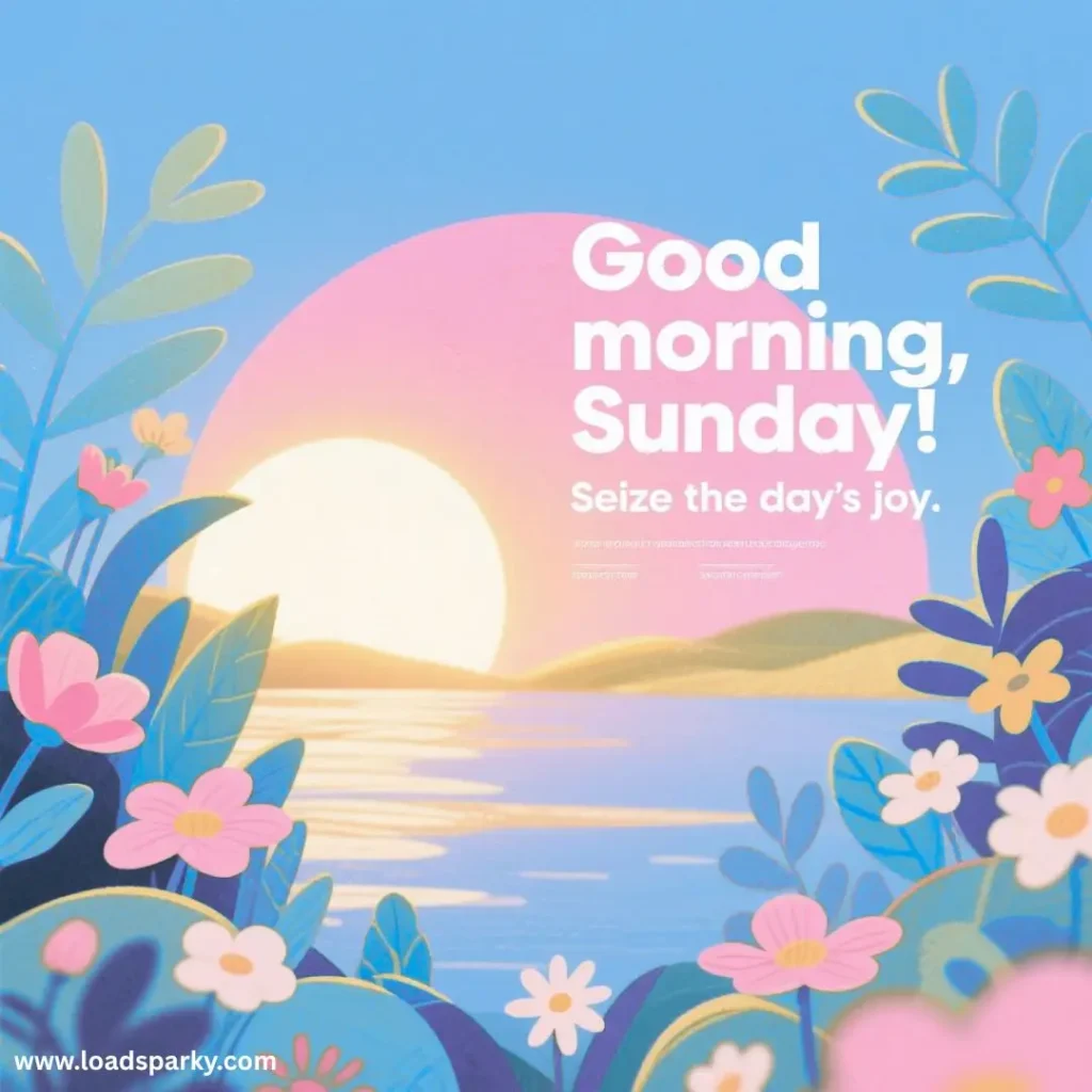 A serene landscape with a rising sun, vibrant foliage, and flowers, overlaid with the text Good morning, Sunday! Seize the day’s joy.