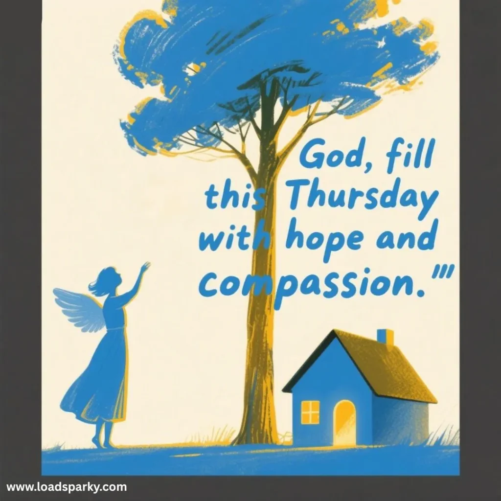 A serene scene featuring a whimsical angel by a tree, with a house nearby. Text reads God, fill this Thursday with hope and compassion.