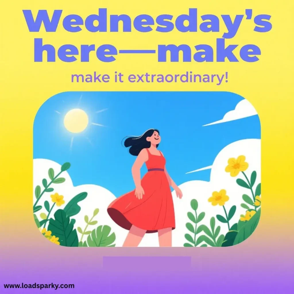 A smiling woman in a red dress stands in a sunny landscape surrounded by flowers and greenery, representing a vibrant Wednesday.