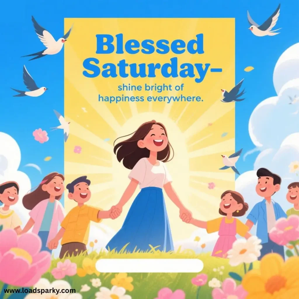 A vibrant illustration of children and an adult holding hands under a bright sky with birds, celebrating a joyful Saturday.
