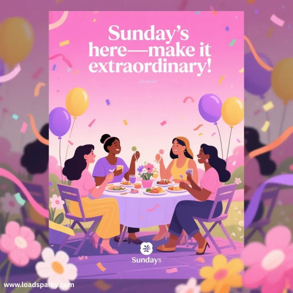 A vibrant outdoor gathering featuring four women enjoying a festive meal, surrounded by colorful balloons and streamers under a pink sky.