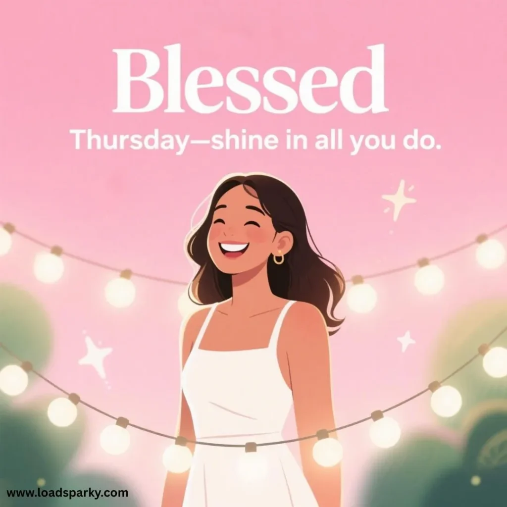 A woman in a white dress stands against a pink background, illuminated by string lights, conveying a hopeful message about Thursday.