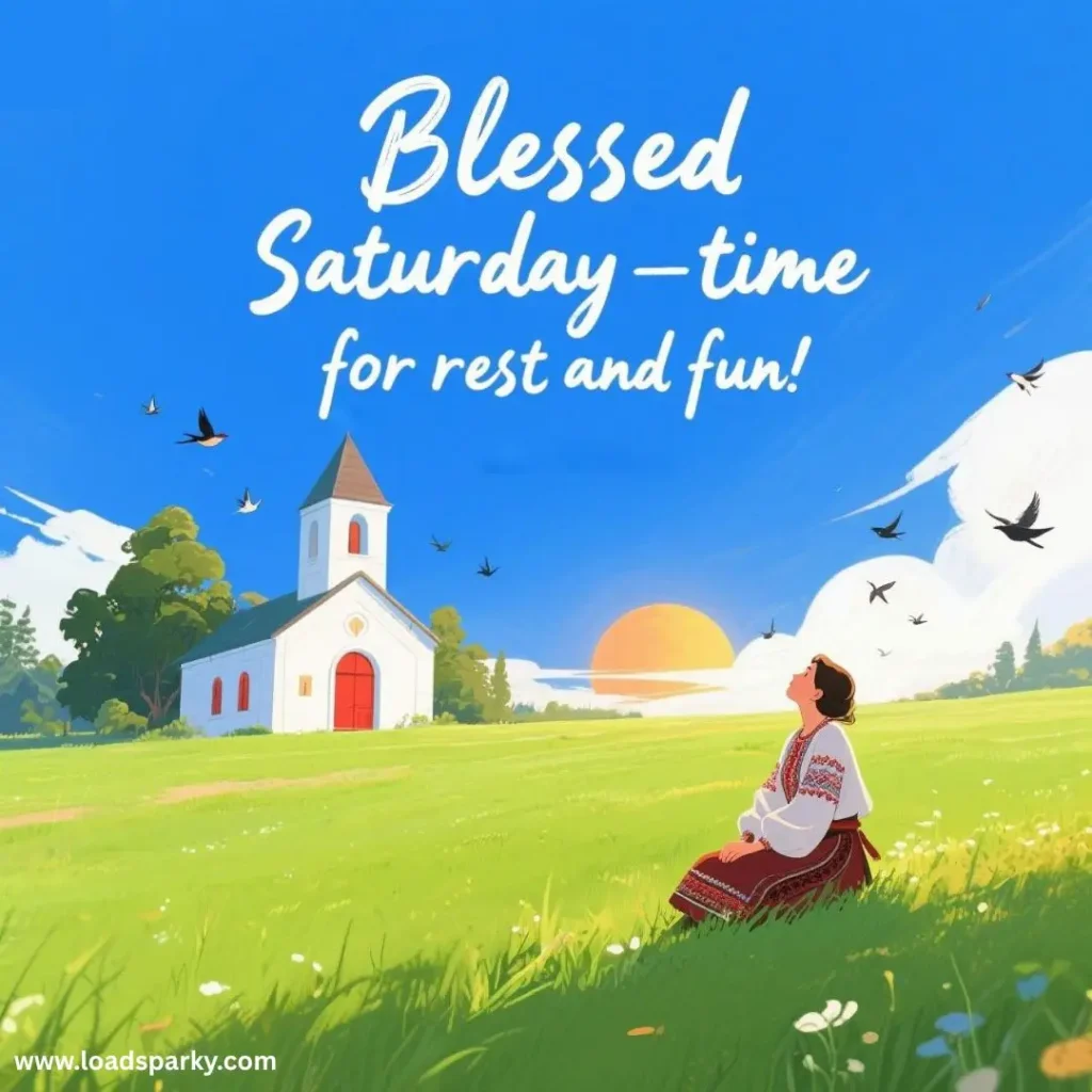 A woman in traditional attire sits in a sunny meadow near a church, surrounded by birds, with text celebrating a blessed Saturday.