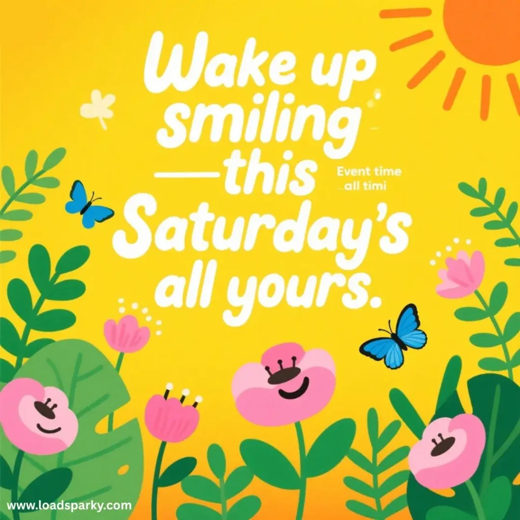Bright yellow background with cheerful flowers and butterflies, featuring text Wake up smiling - this Saturday's all yours.