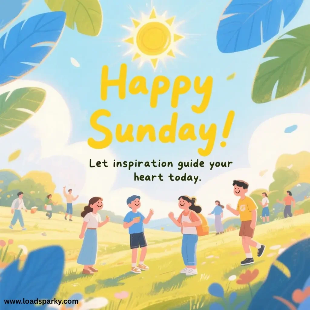 Colorful illustration of a sunny Sunday in a park, with people interacting and enjoying nature, embodying joy and inspiration.