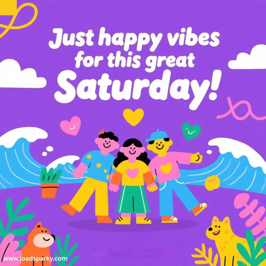 Colorful illustration of three happy friends celebrating Saturday, surrounded by playful waves, plants, and a friendly dog on a purple background.