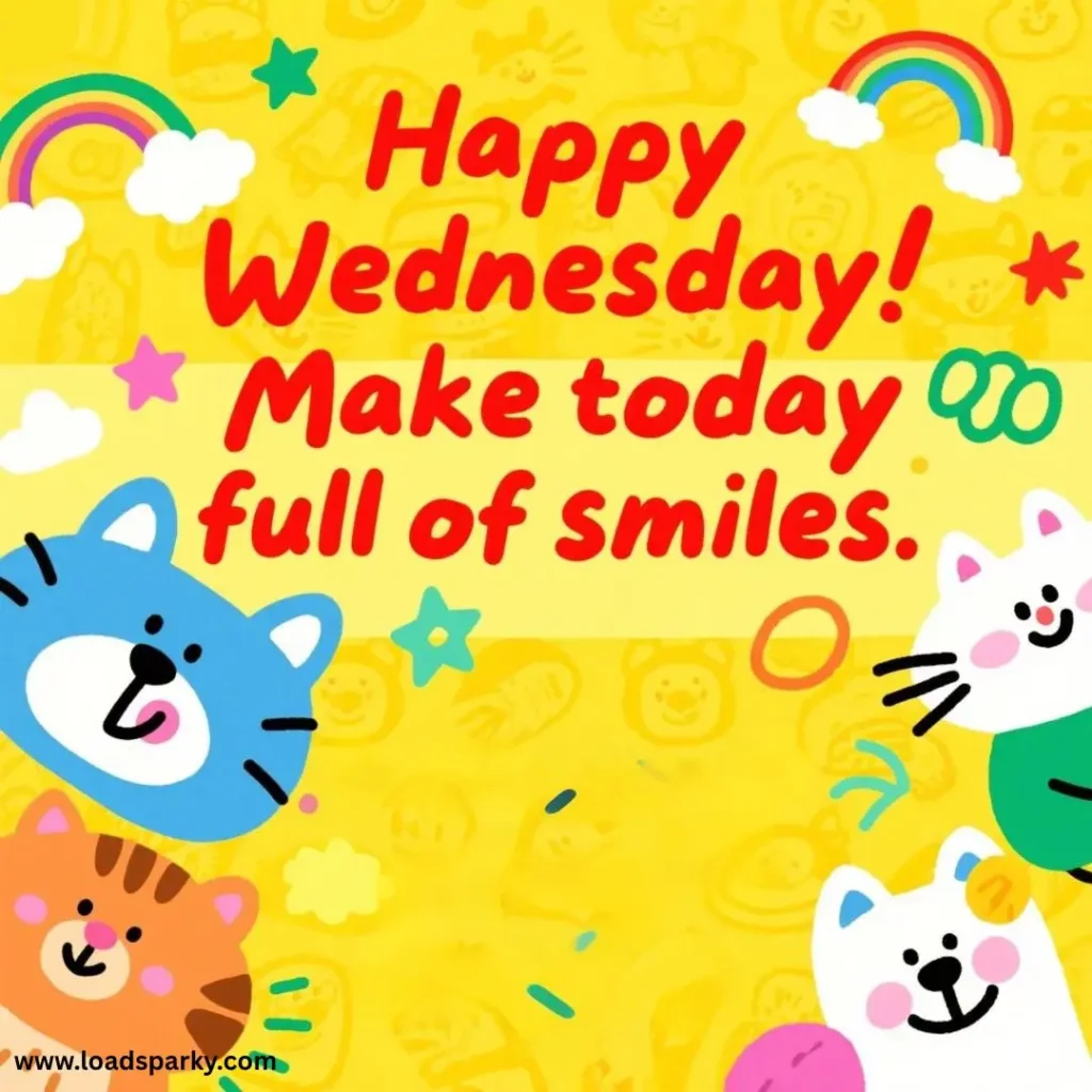 Colorful illustration with cute cats and a rainbow, featuring the text Happy Wednesday! Make today full of smiles. on a bright yellow background.