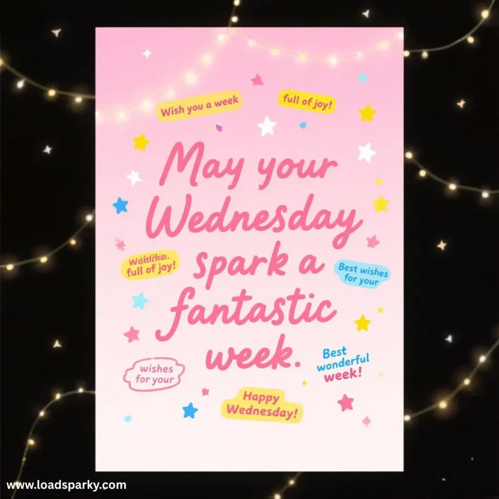 Colorful motivational poster wishing a fantastic Wednesday, adorned with stars, bubbles, and cheerful phrases on a pink background.