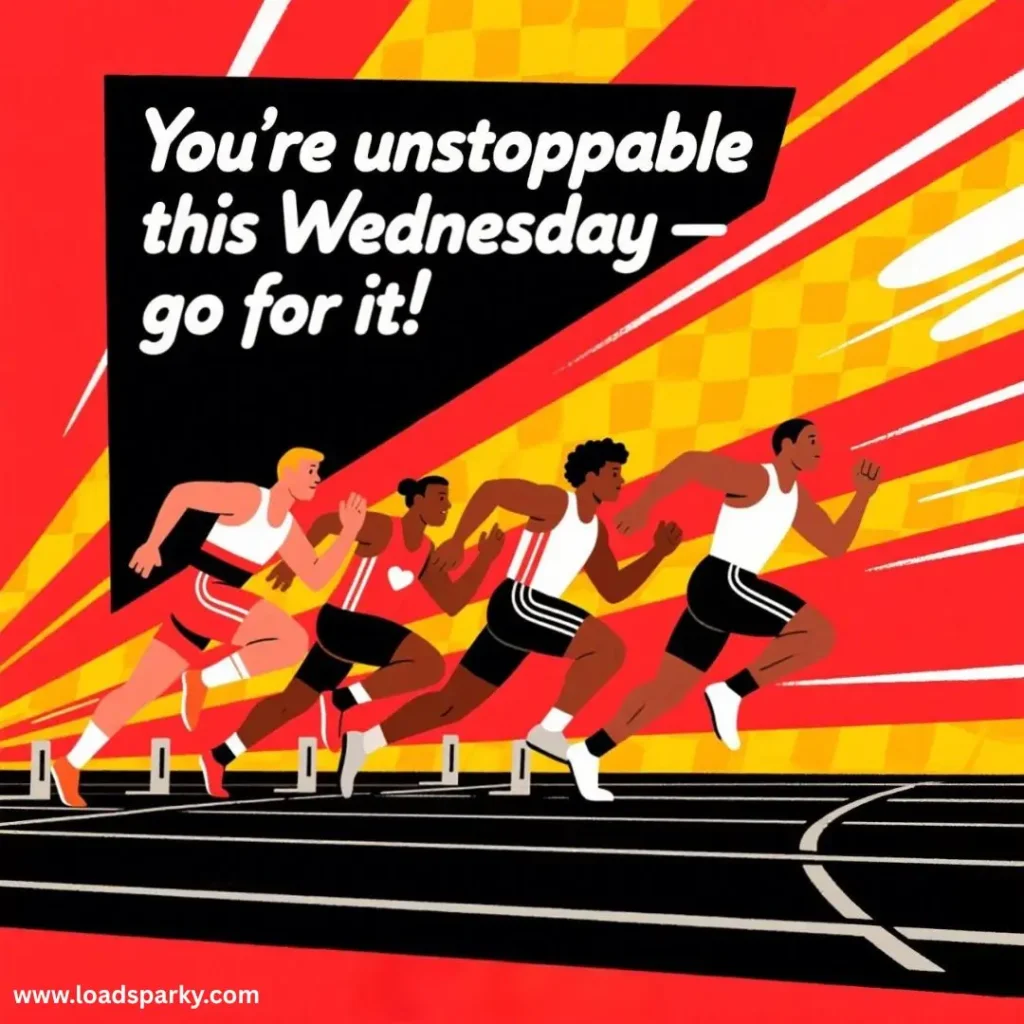 Four athletes sprinting on a track with dynamic red and yellow background, accompanied by motivational text about being unstoppable.