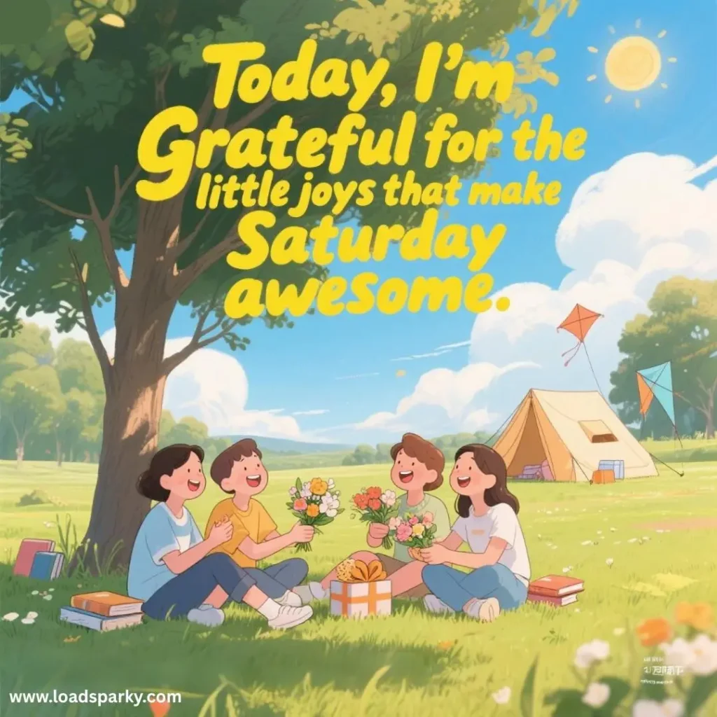Four friends enjoy a sunny picnic in a meadow, surrounded by flowers, snacks, and a tent, with a cheerful message about gratitude.