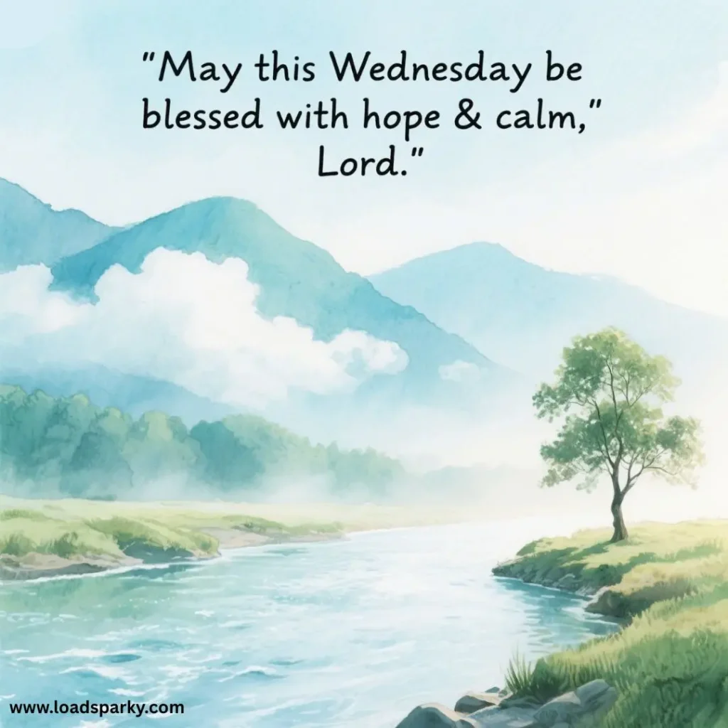 Serene landscape with mountains, a calm river, and a tree, featuring the text May this Wednesday be blessed with hope & calm, Lord.