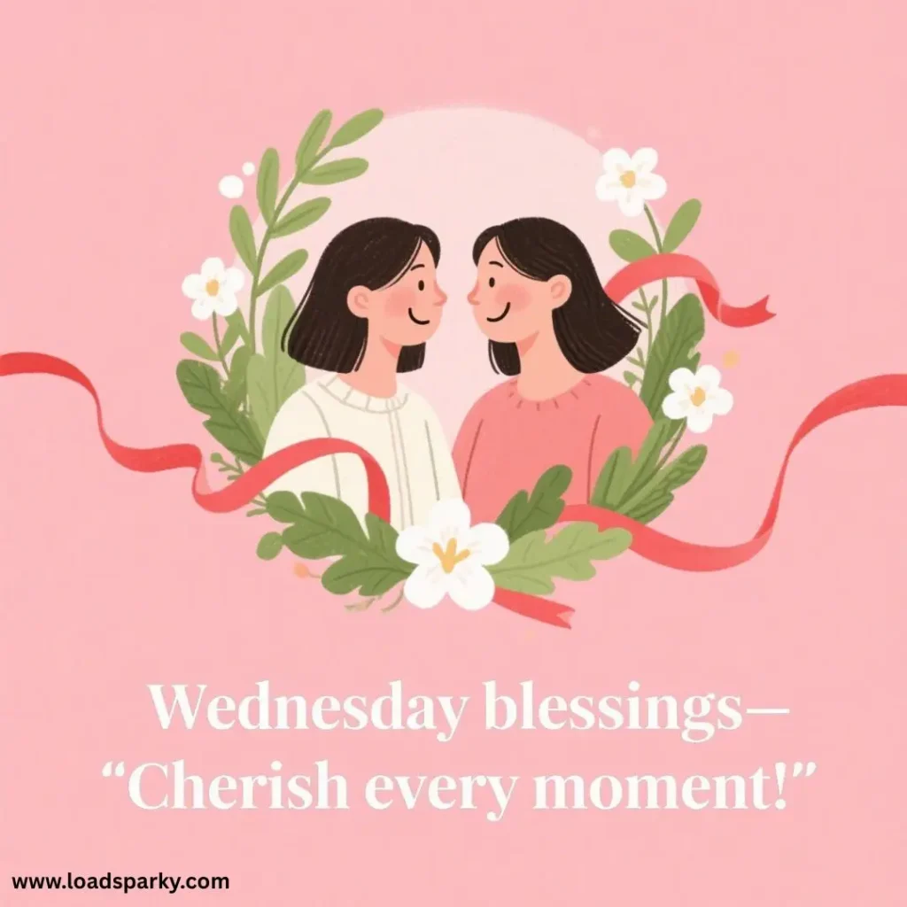 Two women surrounded by flowers and leaves on a pink background, with a ribbon and the text Wednesday blessings—'Cherish every moment!'